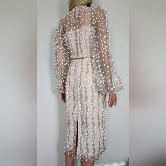 LICHI SHEER DRESS FLORAL EMBROIDERY DETAIL MIDI PENCIL DRESS MEDIUM - Picture 8 of 11
